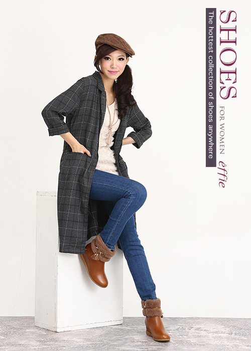 effie 心機美型 真皮毛呢流蘇內增高奈米短靴 茶