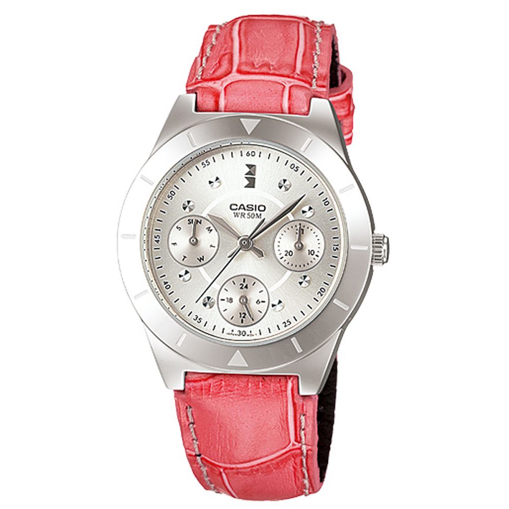 CASIO 自信魅力三眼知性女皮帶錶腕(LTP-2083L-4A)-銀x熱情紅錶帶/31mm