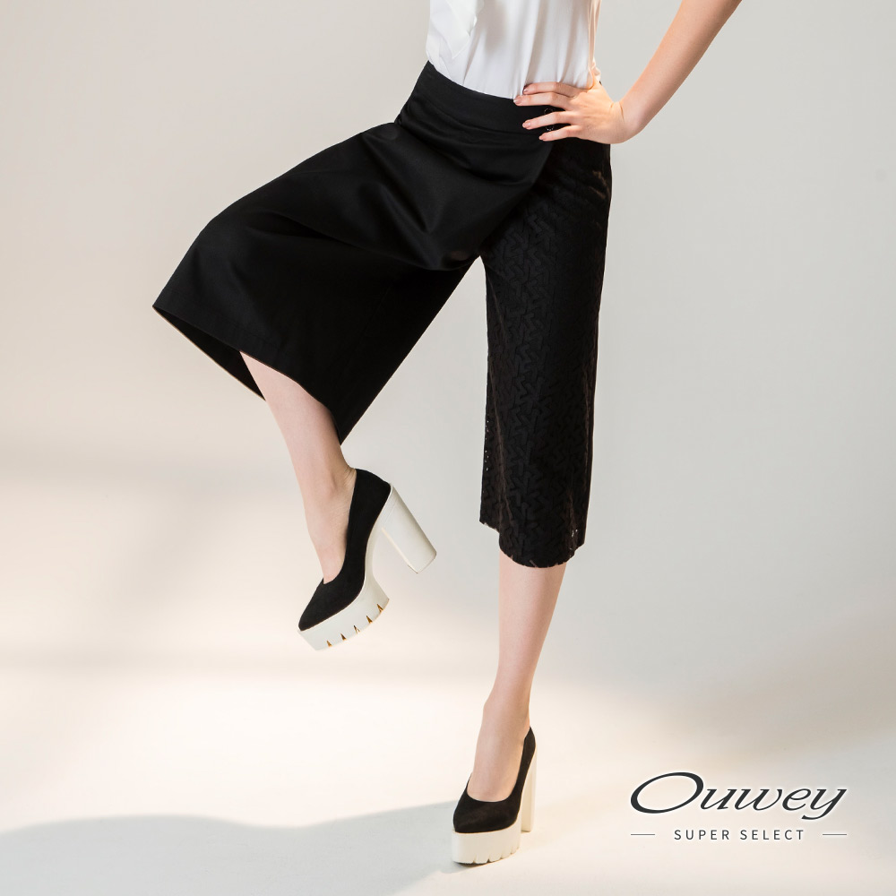 OUWEY歐薇 蕾絲拼接造型七分寬褲(黑)