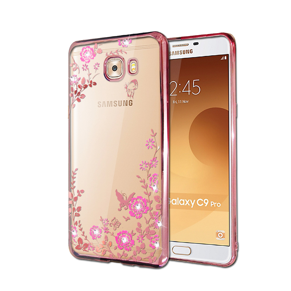 VXTRA Samsung Galaxy C9 Pro 電鍍水鑽軟式手機殼(花舞蝶戀)