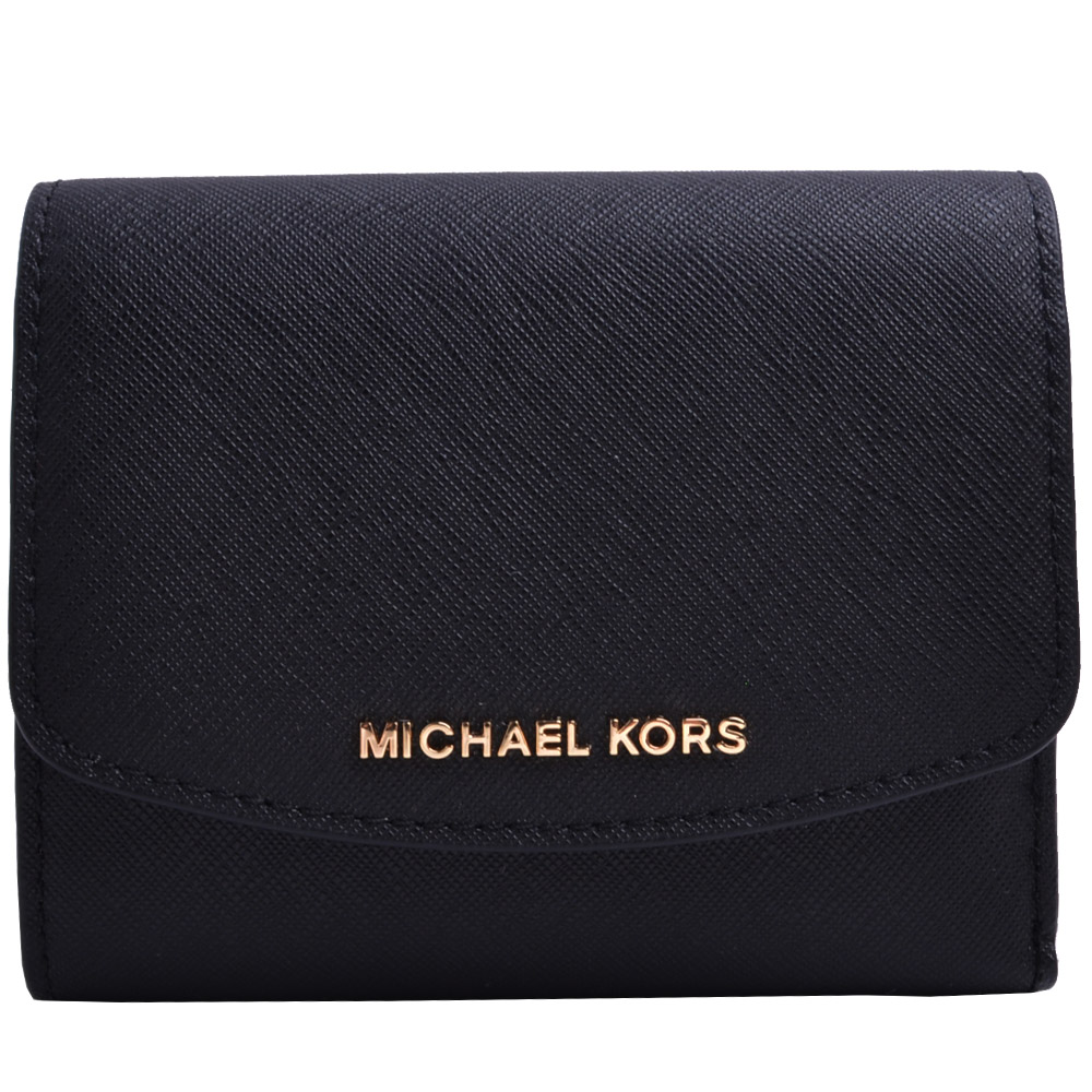 MICHAEL KORS Ava 金LOGO防刮皮革三折釦式短夾-黑