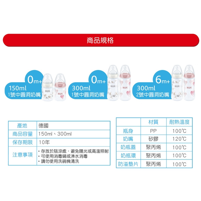 NUK寬口徑PP奶瓶150ml-附1號中圓洞矽膠奶嘴0m+(顏色隨機出貨)