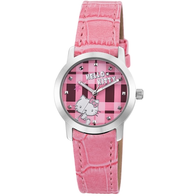 HELLO KITTY 凱蒂貓繽紛格紋造型手錶-粉紅/30mm
