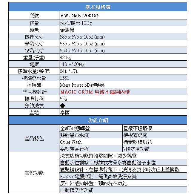 TOSHIBA東芝SDD變頻12公斤洗衣機 金鑽黑 AW-DME1200GG