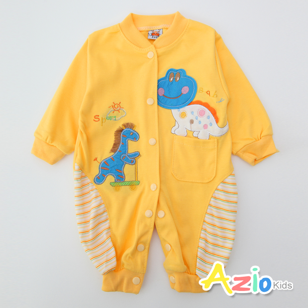 【Azio Kids】恐龍條紋拼接口袋開襟連身衣(黃)