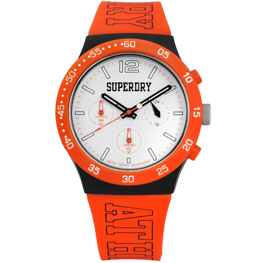 Superdry 日系青春簡約中性三環計時橡膠手錶 -白x橘黑/40mm