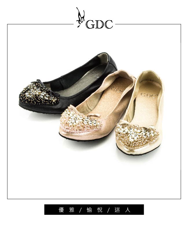 GDC-蝴蝶結心形雙色水鑽裝飾真皮平底娃娃鞋-金色