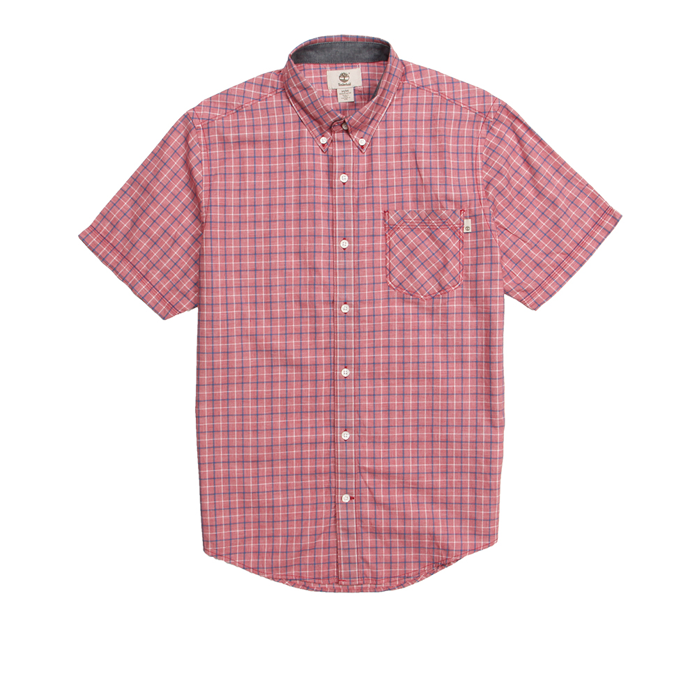 Timberland 男款磚紅色細格紋短袖襯衫