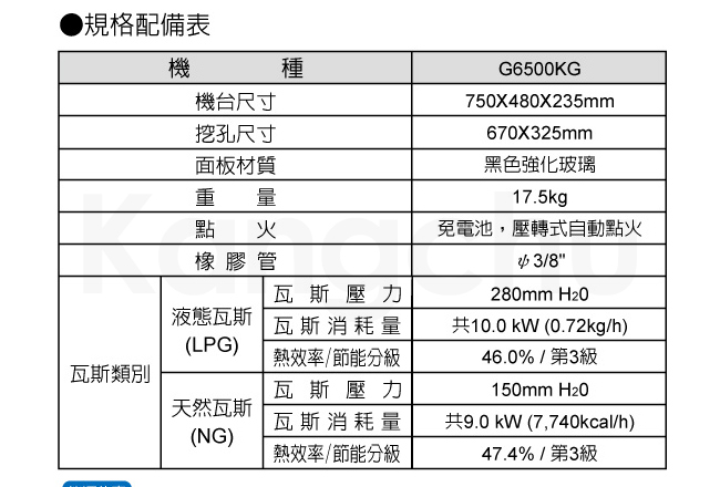 櫻花牌 G-6500KG 全平面強化玻璃崁入式二口瓦斯爐(不含安裝)