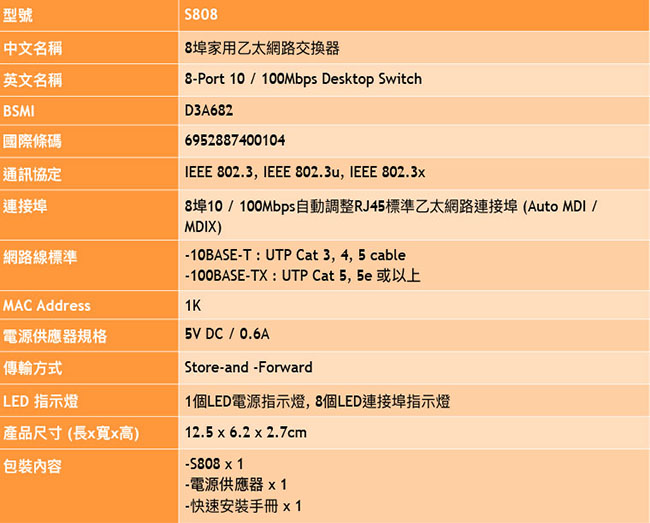 TOTOLINK S808 8埠家用乙太網路交換器