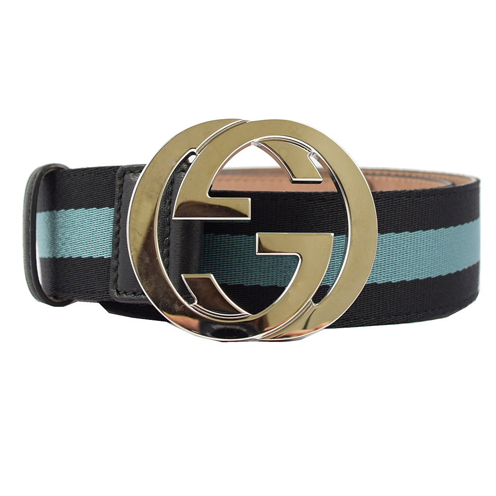 GUCCI 經典雙G LOGO金屬皮革織帶拼接皮帶.黑