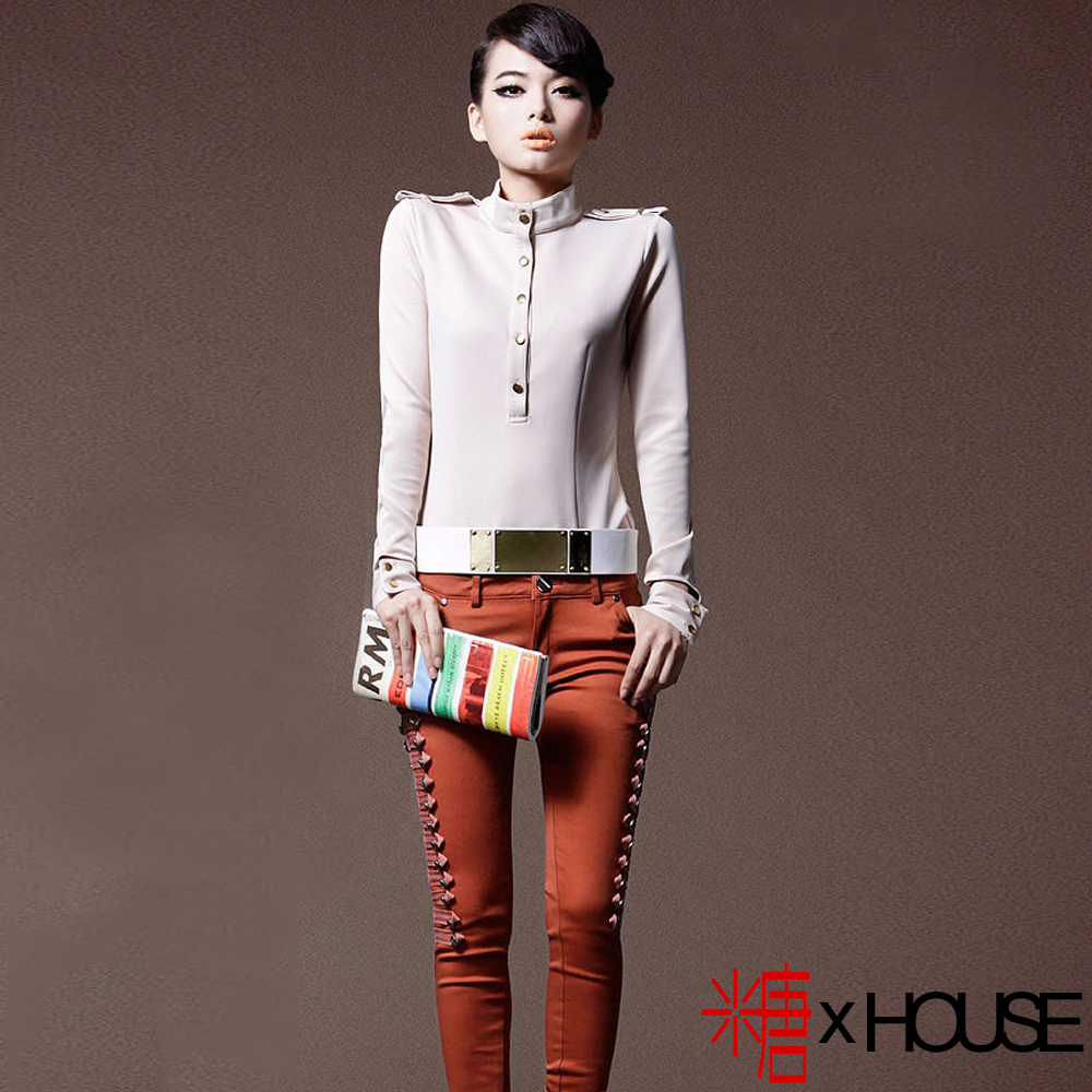 肩章立領排釦開襟修身襯衫 (共二色)-糖 x House
