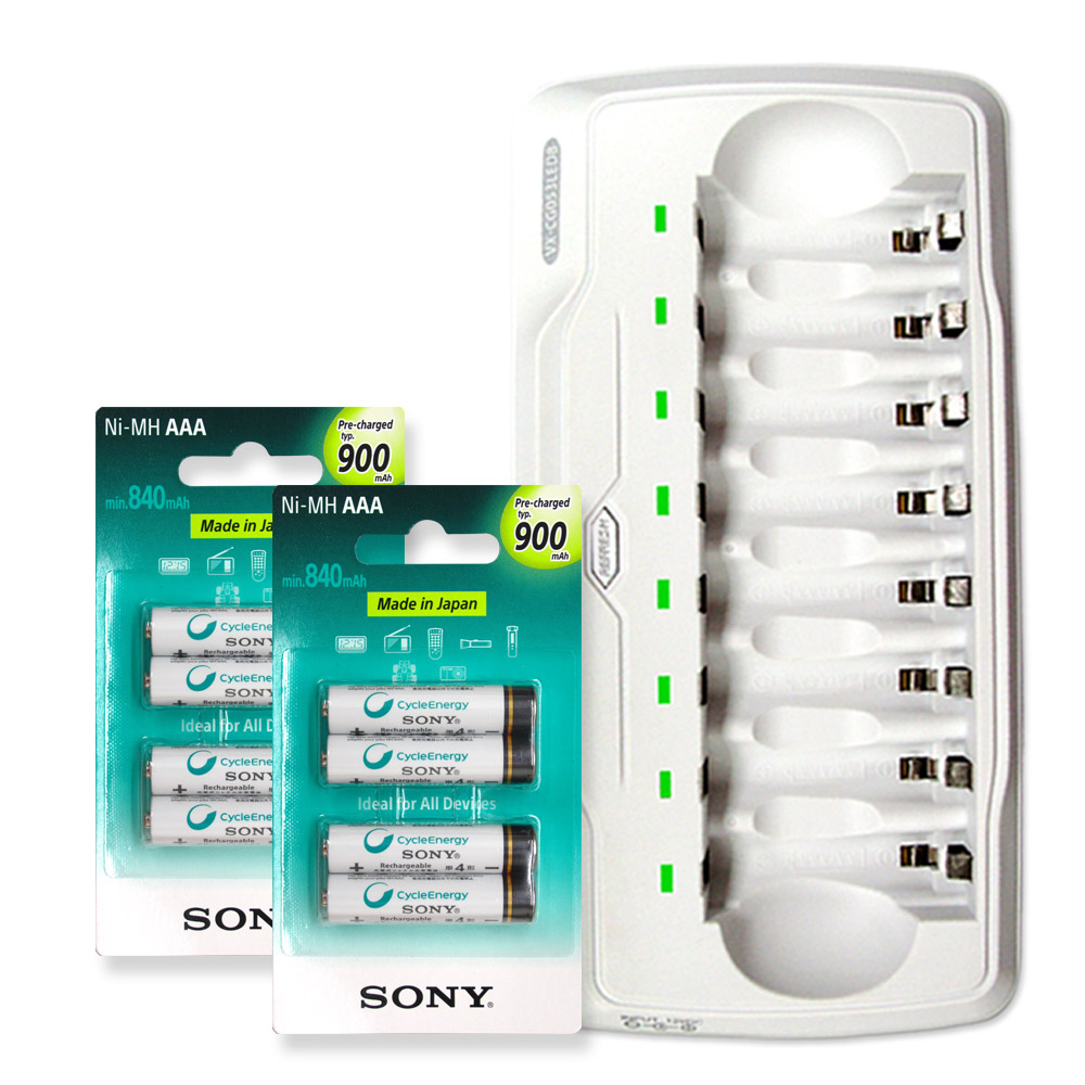 SONY 900mAh低自放4號充電電池(8顆入)+VXTRA 8通道 充電器