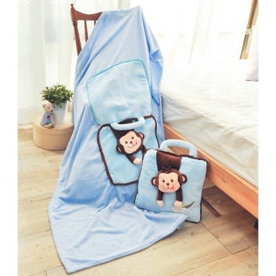 亞曼達Amanda 立體卡通兩用法萊絨抱枕毯子-淘氣猴(藍)