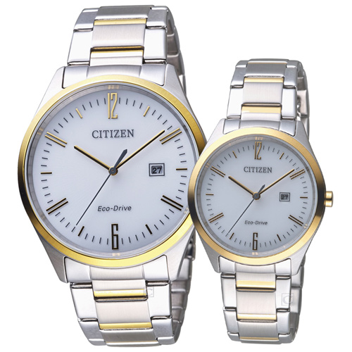 CITIZEN 星辰 Eco Drive 簡約典雅光動能對錶-銀X金色