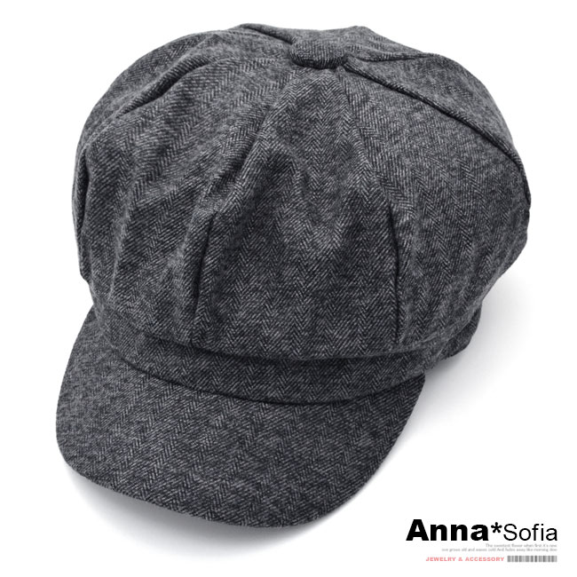 AnnaSofia 細脈紋絨感 報童帽貝蕾帽(黑灰系)