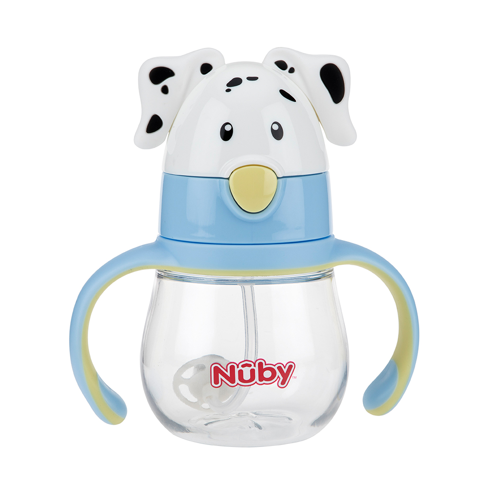 Nuby 晶透杯系列 大麥町狗狗造型杯360度吸管250ml-藍(12M+)