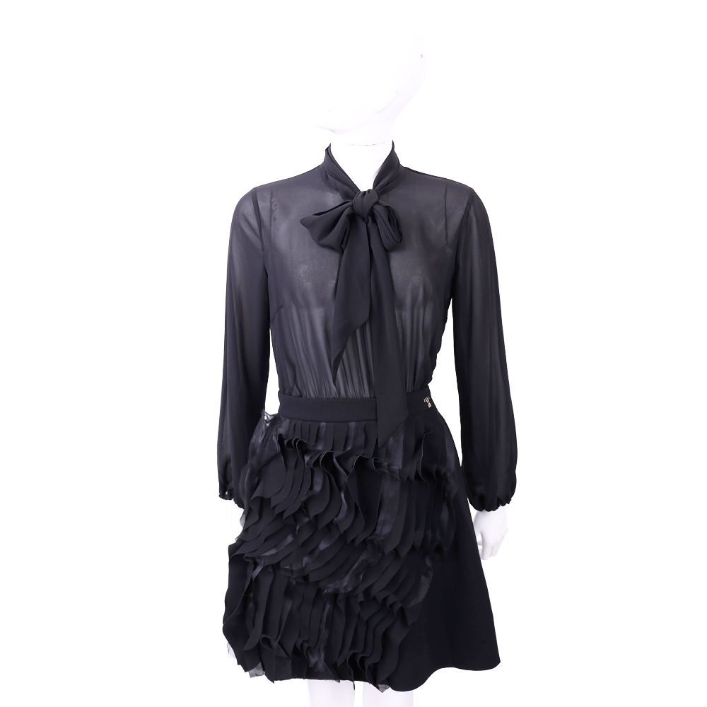 ELISABETTA FRANCHI 黑色可拆式波浪澎裙雪紡紗洋裝