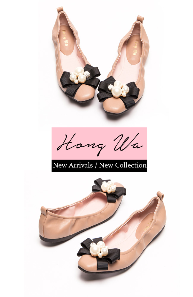 Hong Wa 名媛氣息珍珠蝴蝶結娃娃鞋-粉