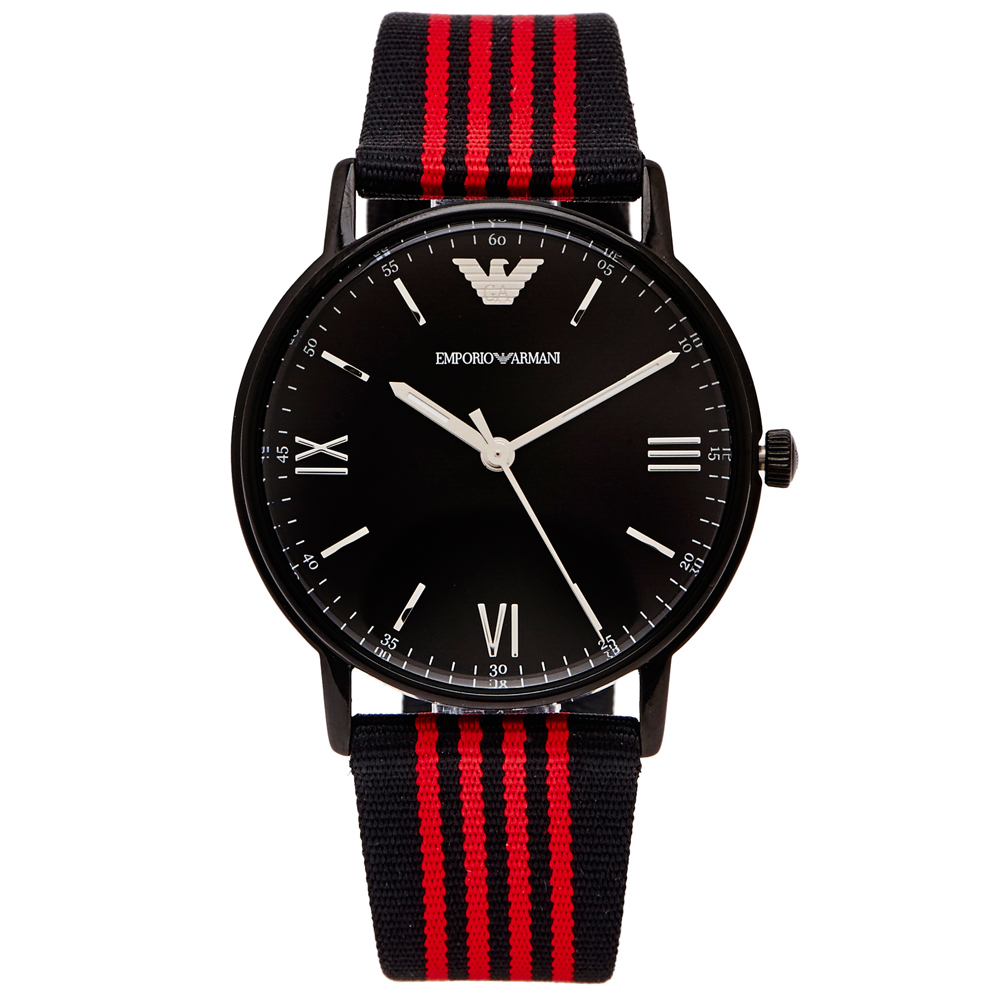 ARMANI 簡約時尚帆布帶款手錶 (AR11015)-黑x黑紅色/43mm
