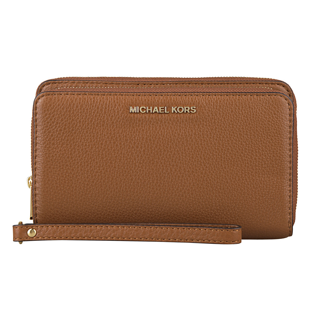 MICHAEL KORS ADELE金字皮革雙層拉鍊手拿長夾(棕)