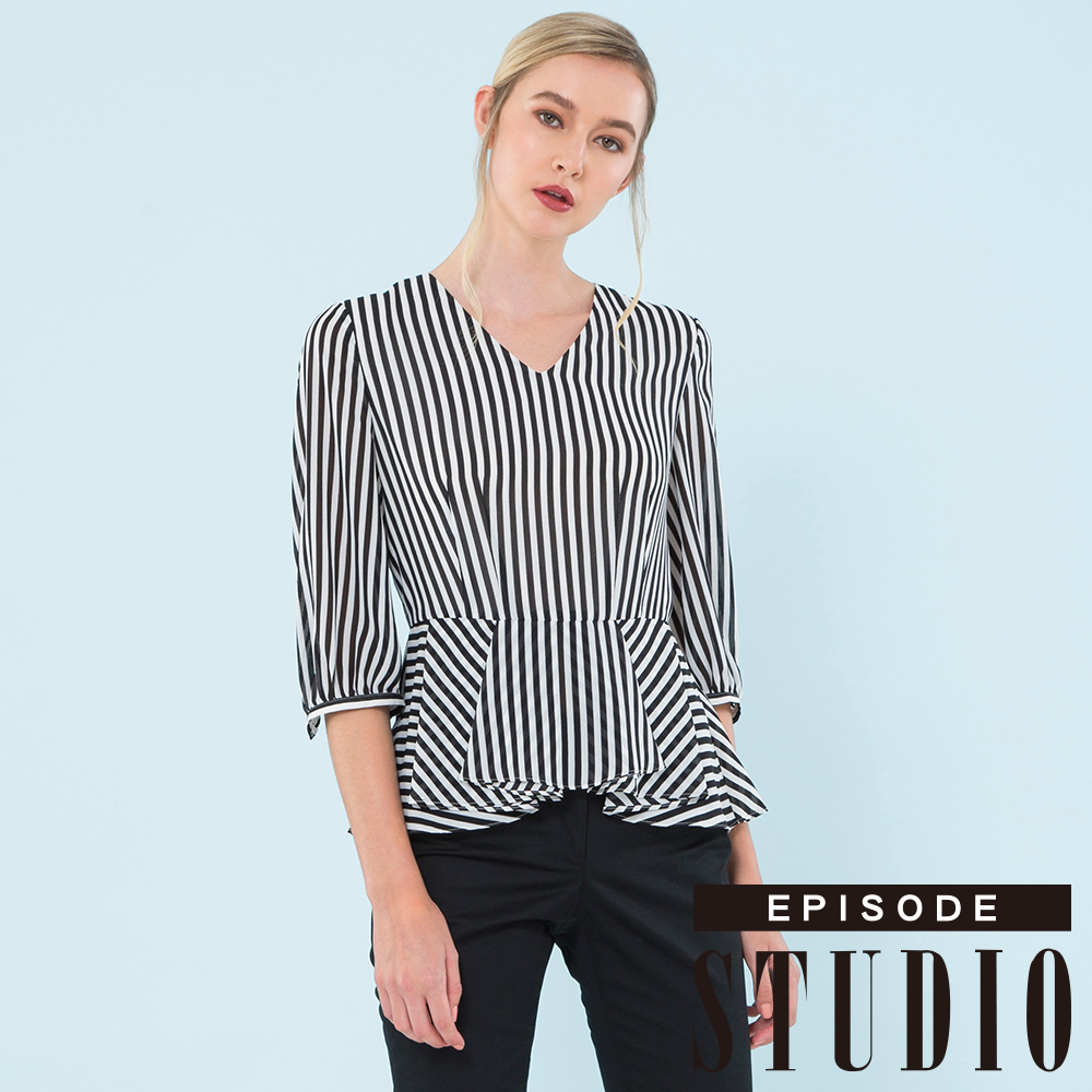 EPISODE Studio - 優雅V領條紋設計上衣 （黑）