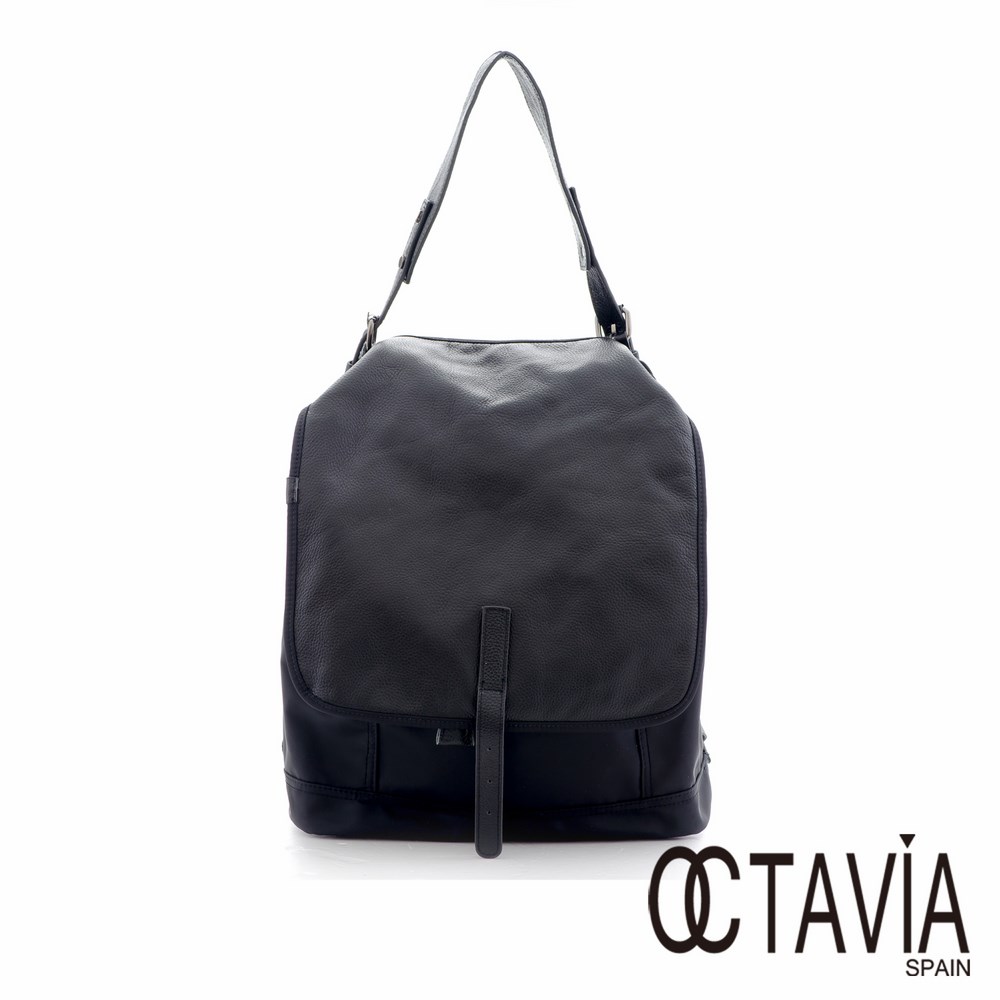OCTAVIA 8真皮 - designer後背包 雙料尼龍束口牛皮後背包 - 設計黑