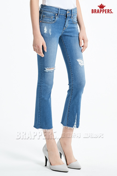 BRAPPERS 女款 新美腳 ROYAL系列-女用中低腰彈性短版小靴型褲-藍--動態show