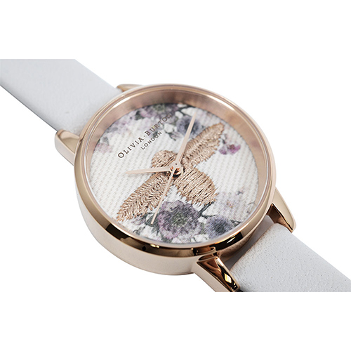 Olivia Burton 英倫復古手錶 蜜蜂花卉刺繡 灰色真皮錶帶 玫瑰金框30mm