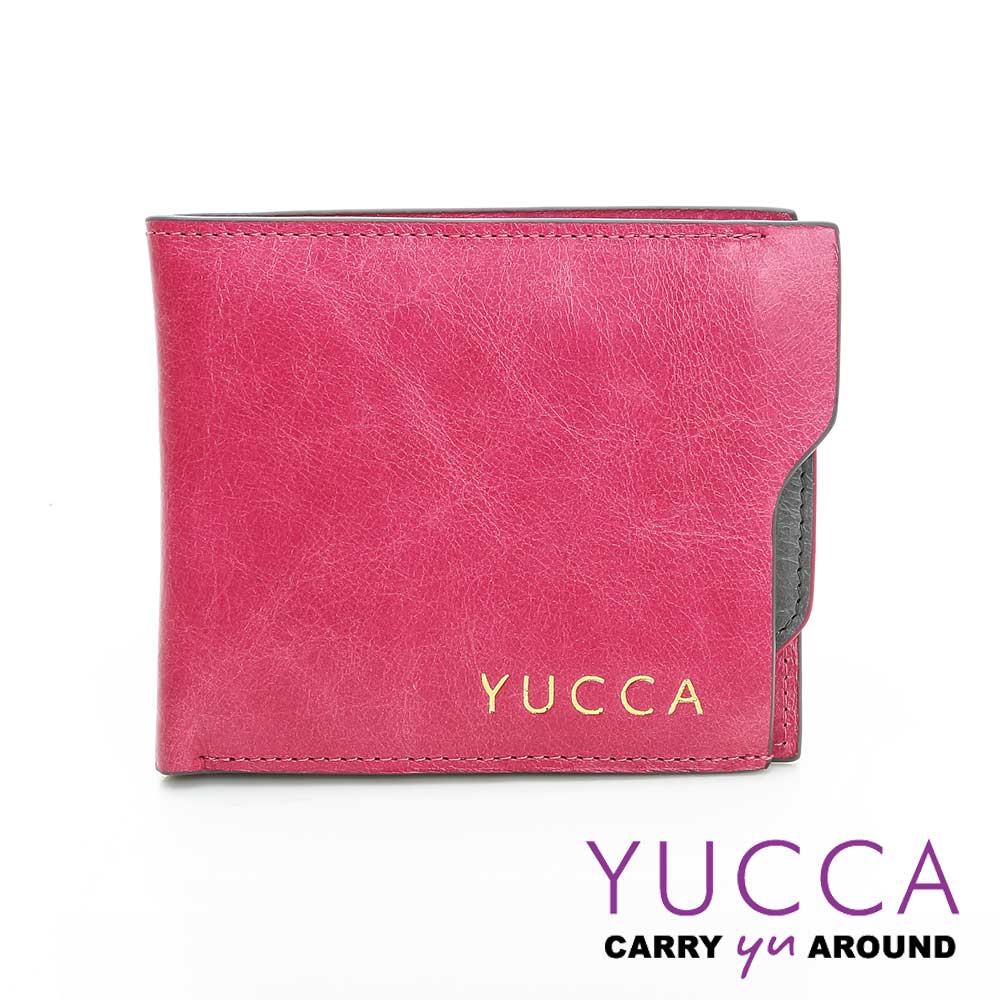 YUCCA -個性雙色系牛皮短夾(活動式卡夾)- 桃紅色- D0038012030