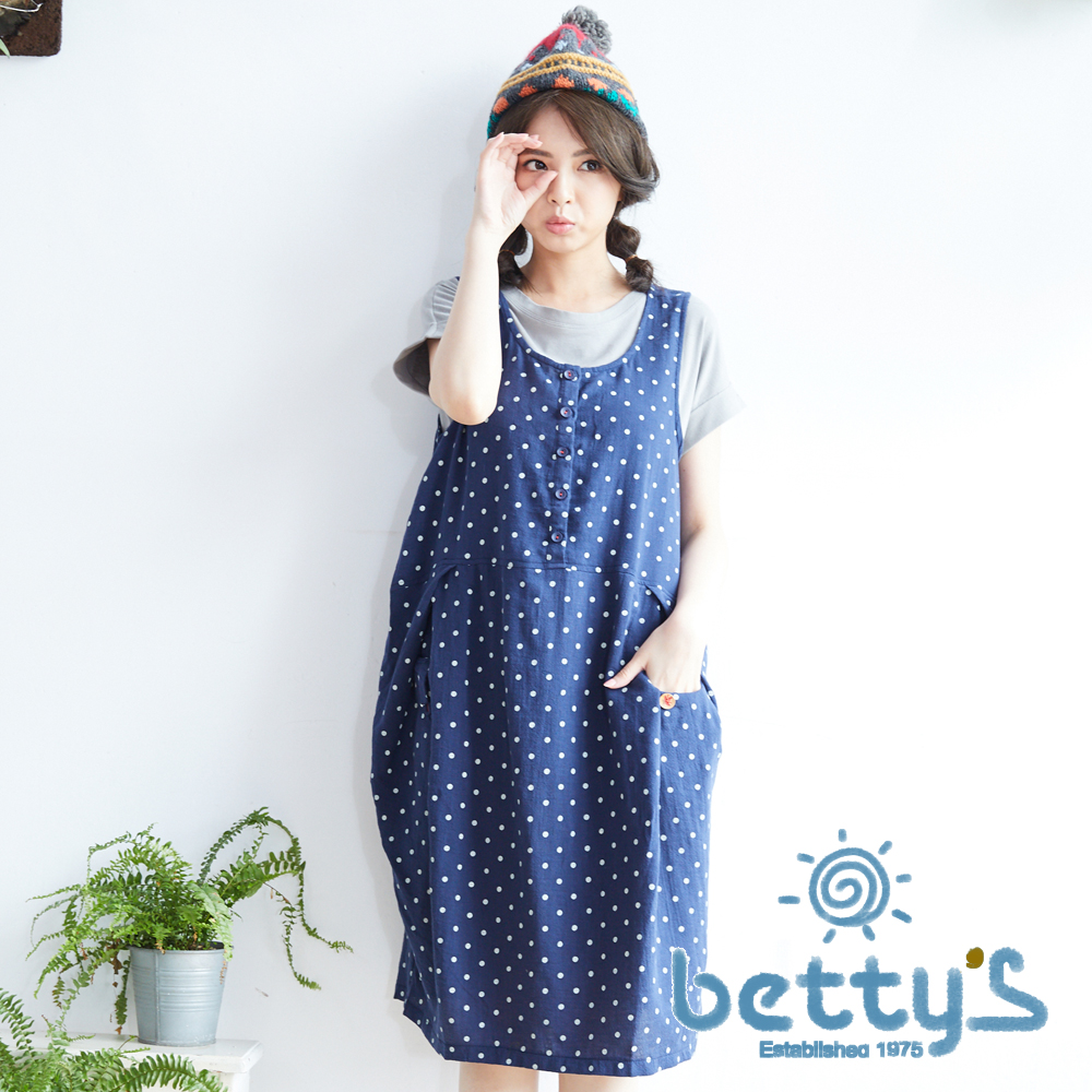 betty’s貝蒂思　日系圓點前排扣花苞狀無袖洋裝(深藍色)