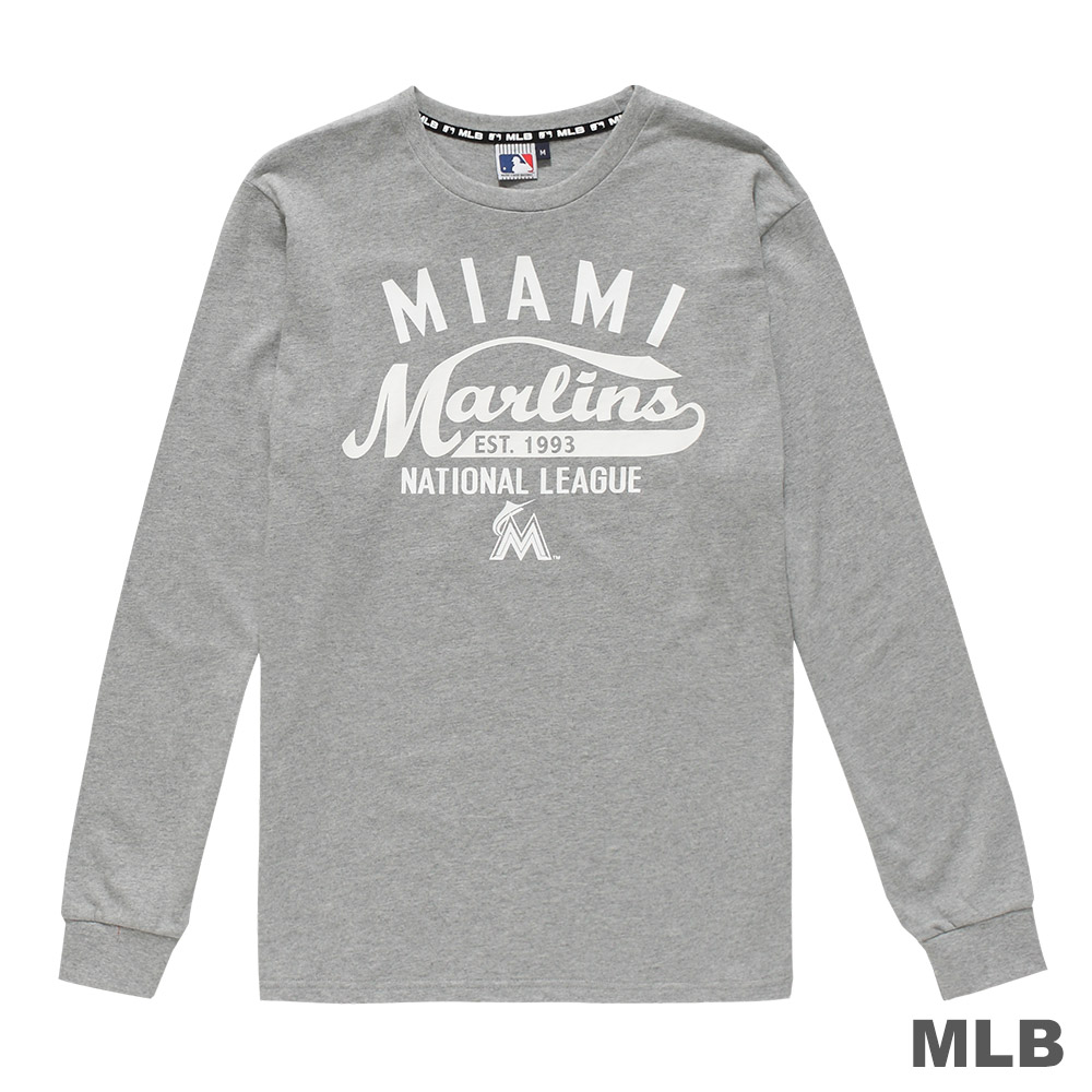 MLB-邁阿密馬林魚隊美式草寫風印花長袖T恤-麻灰 (男)
