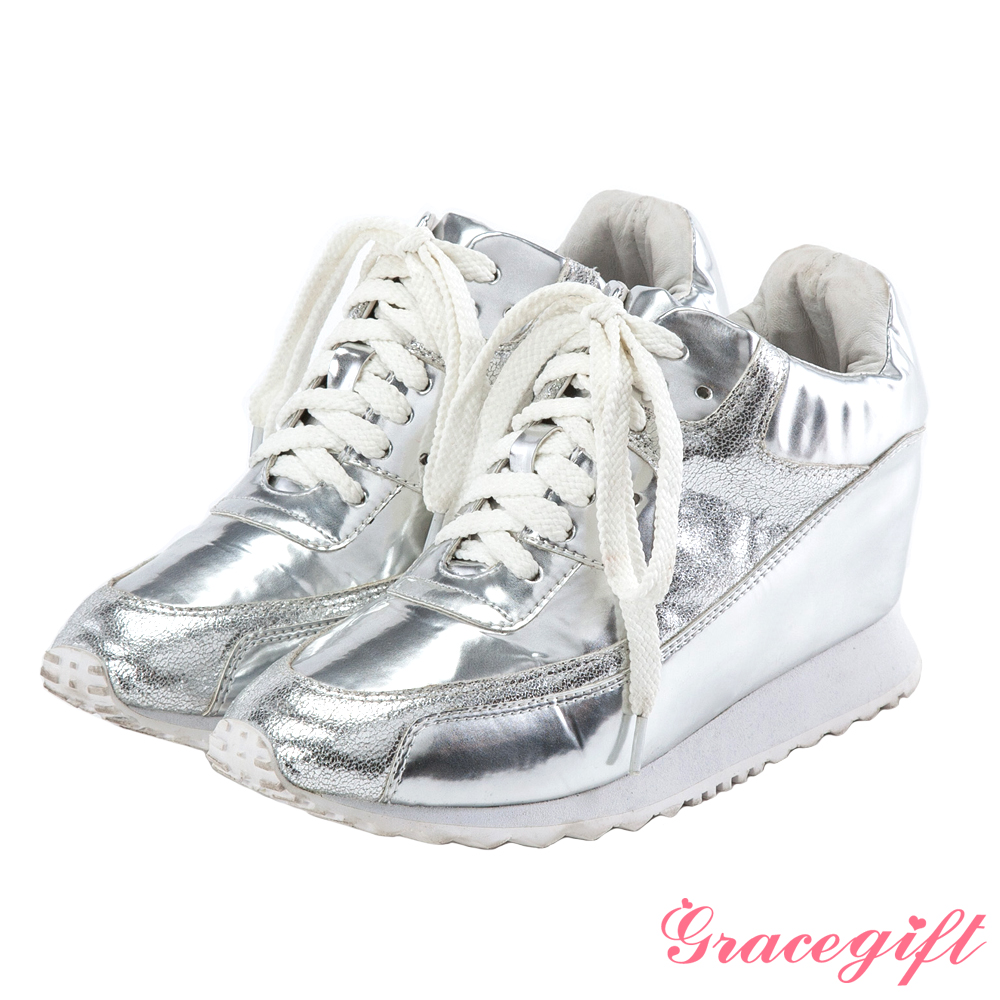 Grace gift-鏡面漆皮內增高運動休閒鞋 漆皮銀