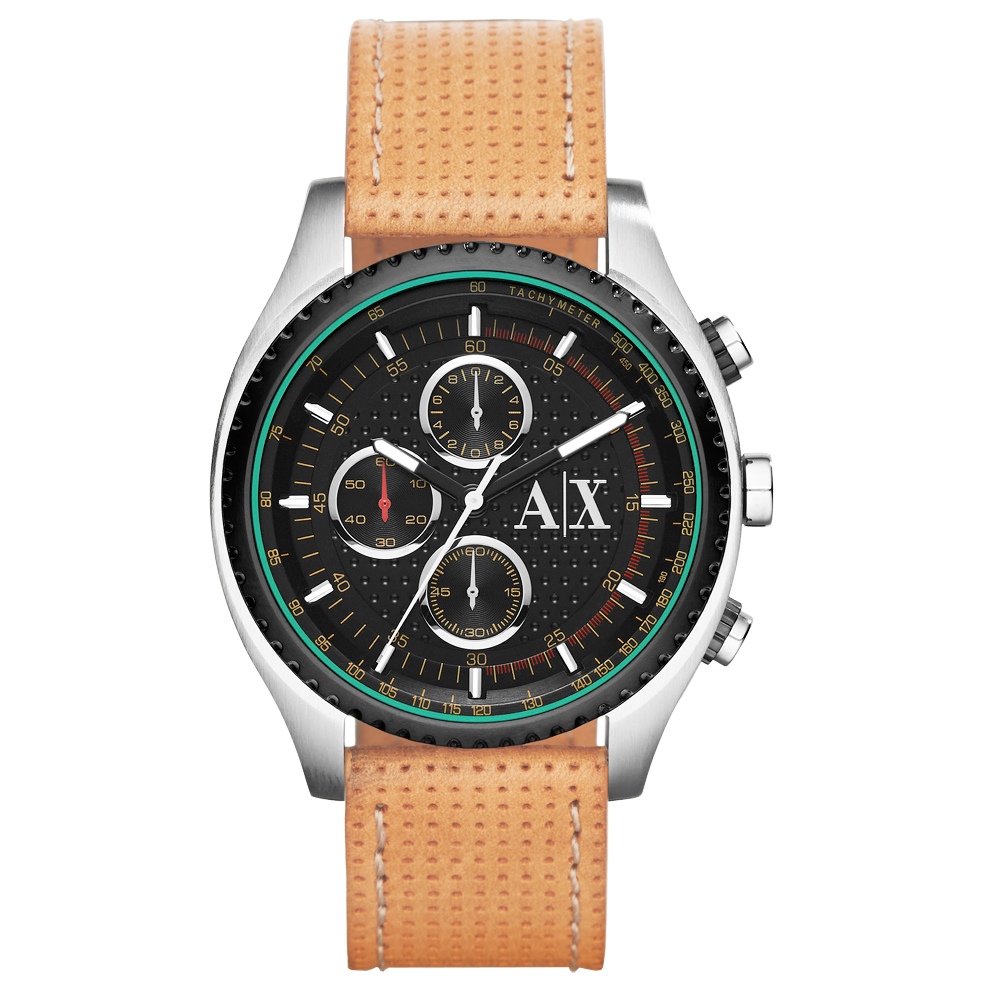 A│X Armani Exchange 極速車手計時腕錶-黑x淺褐錶帶/45mm