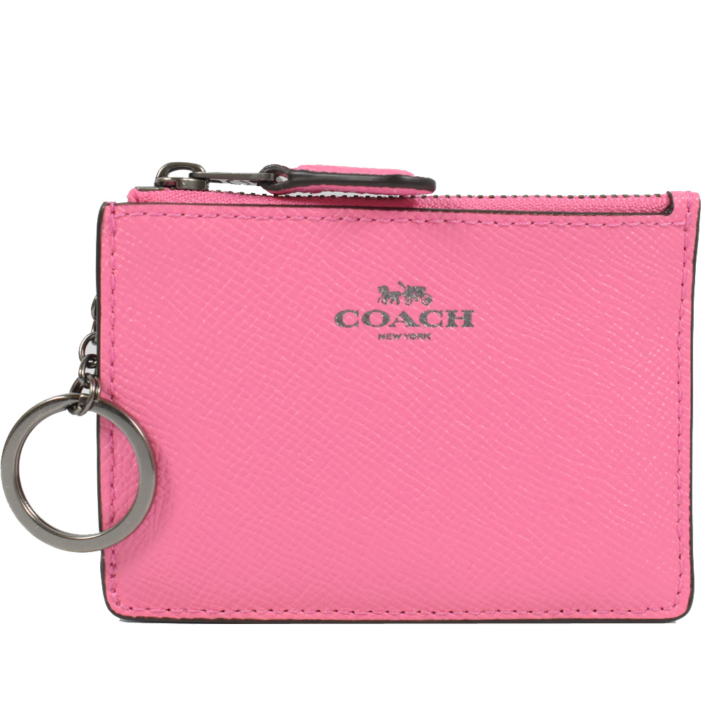 COACH 燙印logo防刮牛皮材質方型鑰匙零錢包(螢光粉)