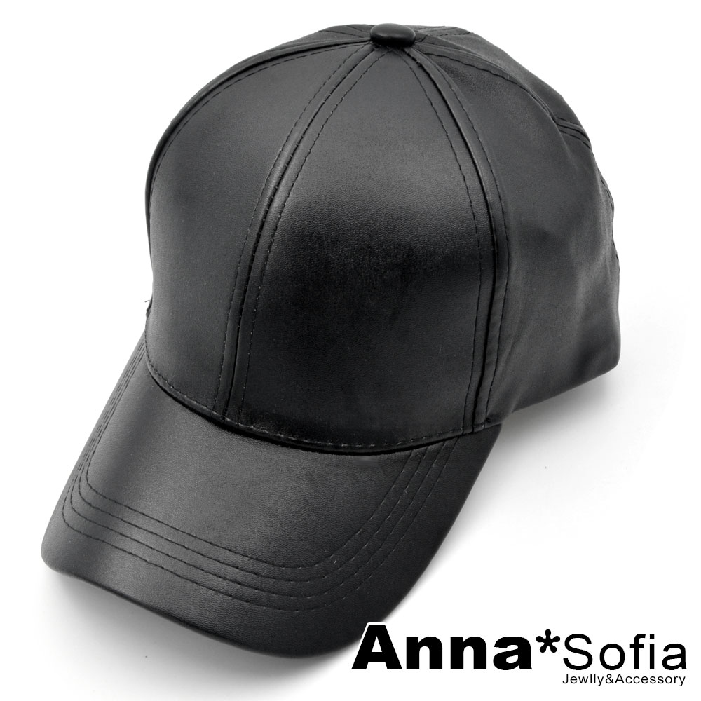 AnnaSofia 光版細紋皮革 棒球帽嘻哈帽街舞帽(酷黑系)