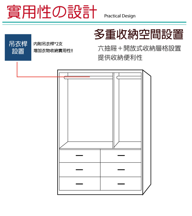 品家居 古斯拉4尺實木三門六抽衣櫃-121x57.5x208.5cm免組