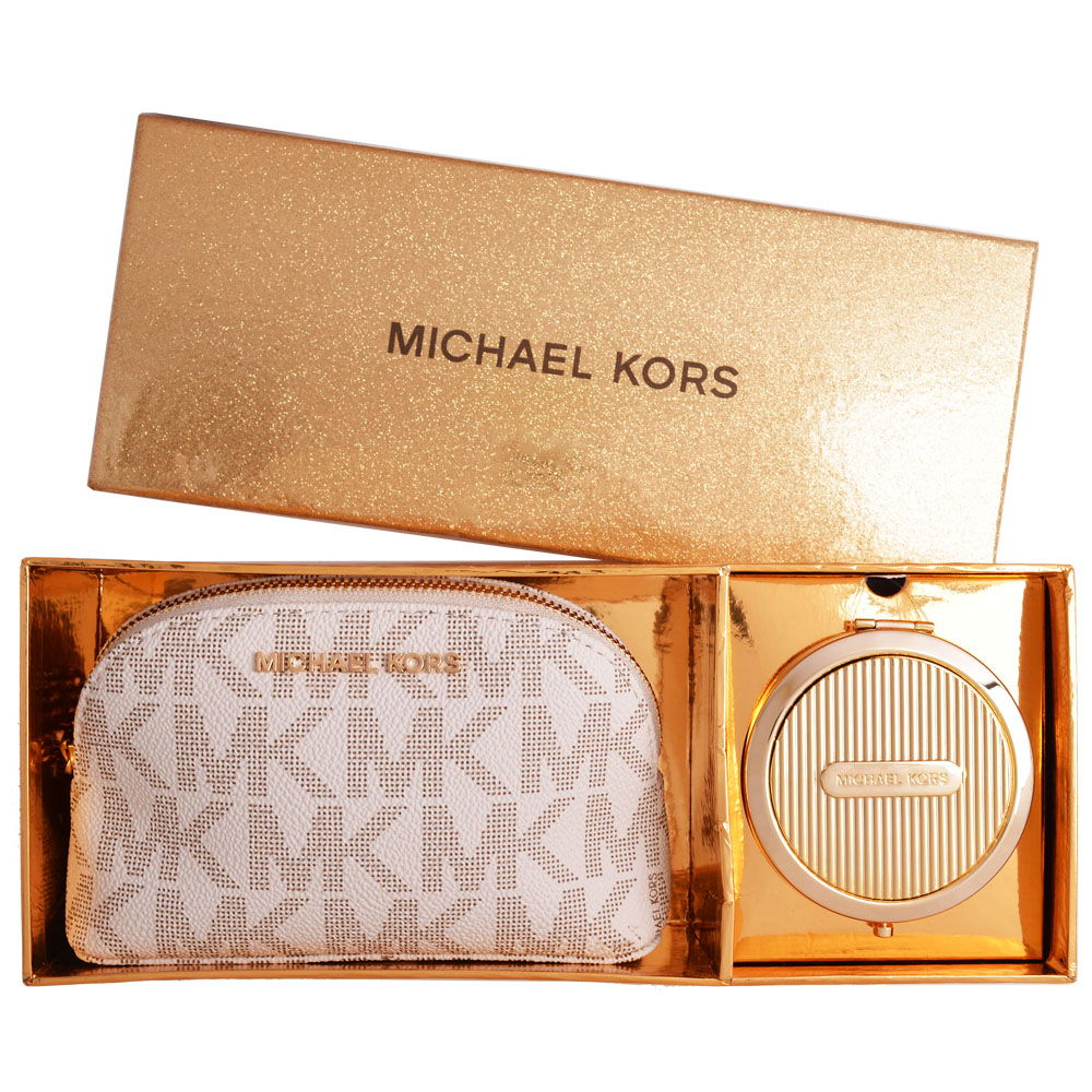 MICHAEL KORS 心型鍊飾滿版防刮皮革化妝包+隨身鏡禮盒組-香草白