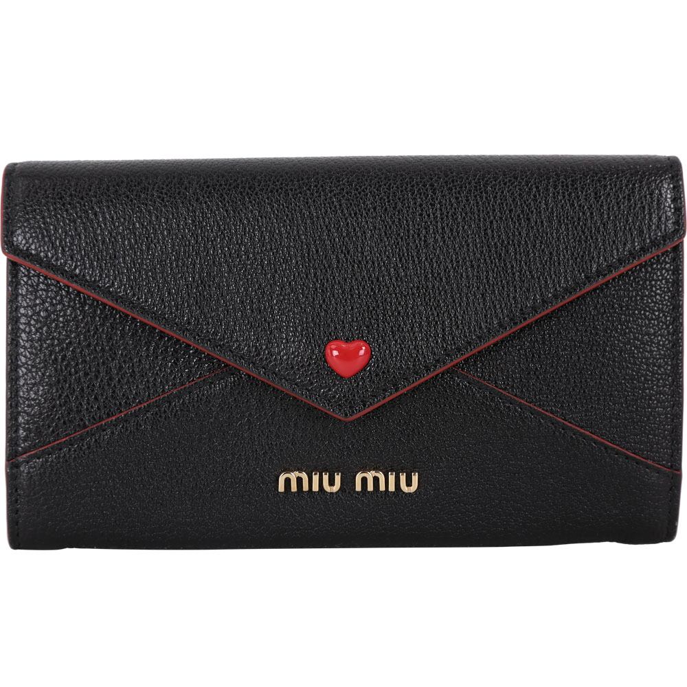 miu miu Madras 愛心釦山羊皮信封造型萬用中長夾(黑色)