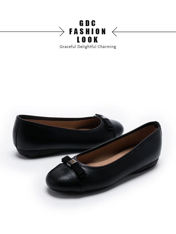 GDC-真皮氣質典雅蝴蝶結圓頭平底鞋-黑色
