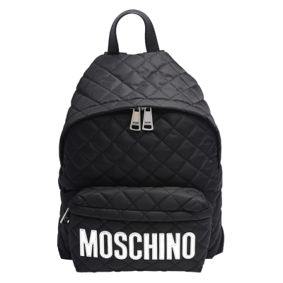 MOSCHINO 經典菱格紋縫線銀色LOGO尼龍後背包(大_黑)