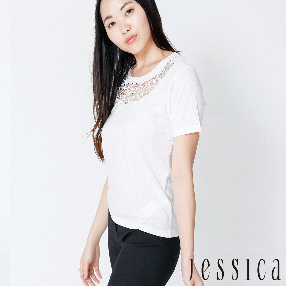 JESSICA - 珠飾造型簍空短袖上衣（白）