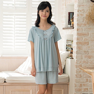 華歌爾睡衣-冰涼紗居家條紋 M-L 短袖睡衣褲裝(藍)-舒適睡衣