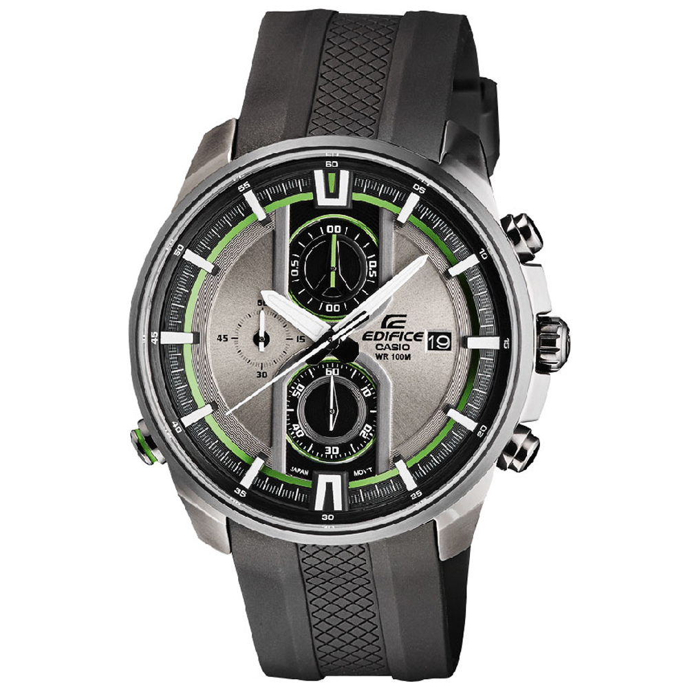 EDIFICE 頂尖科技立體金屬色系賽車錶-銀灰面x綠邊/44.6mm