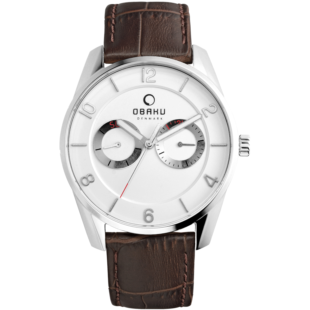 OBAKU 無垠惑星極簡時尚腕錶-銀框白x褐帶/40mm