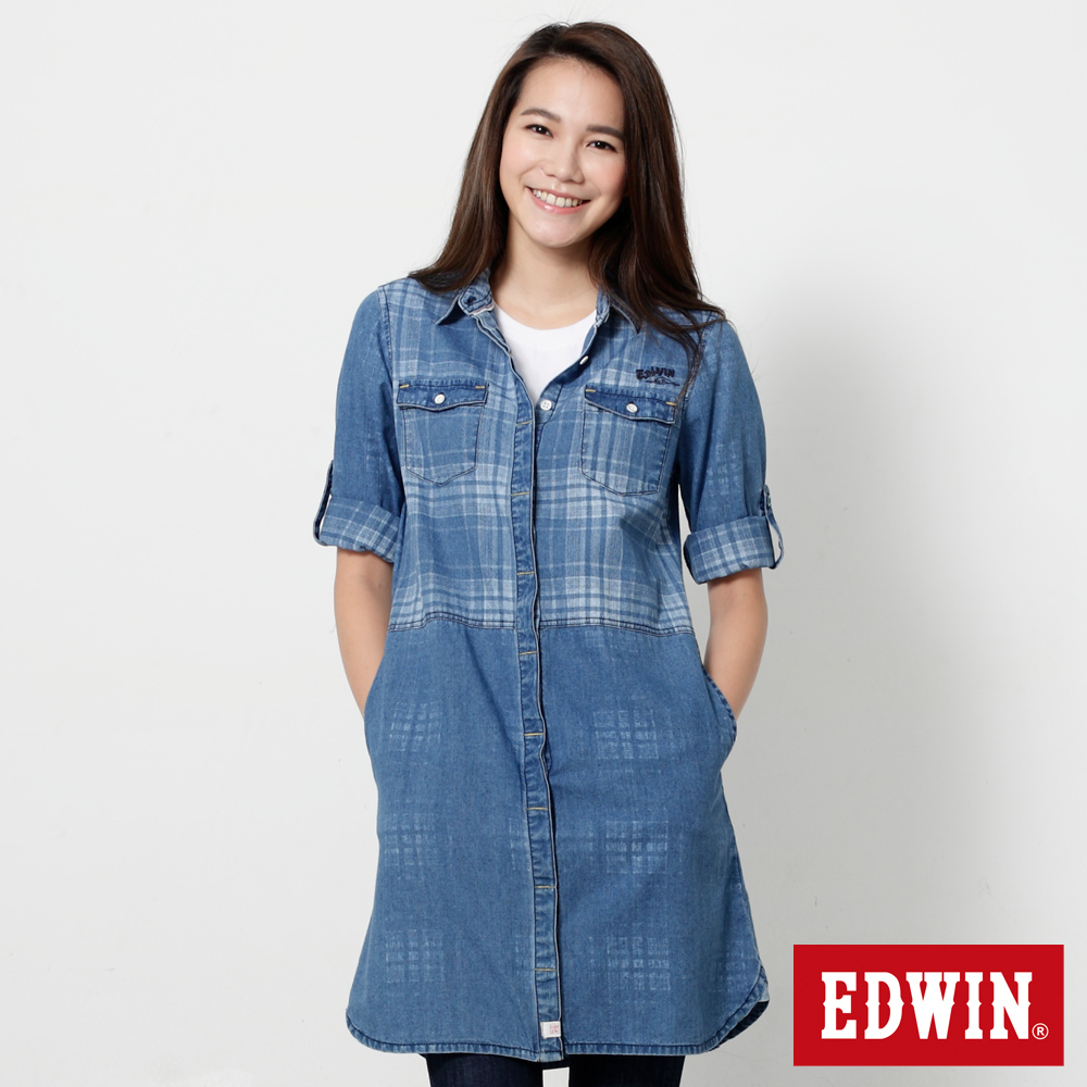 EDWIN 江戶勝 格紋長版牛仔襯衫-女-漂淺藍