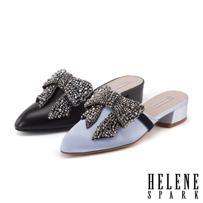 拖鞋 HELENE SPARK 華麗前衛可拆式灰鑽蝴蝶結羊皮低跟拖鞋－黑