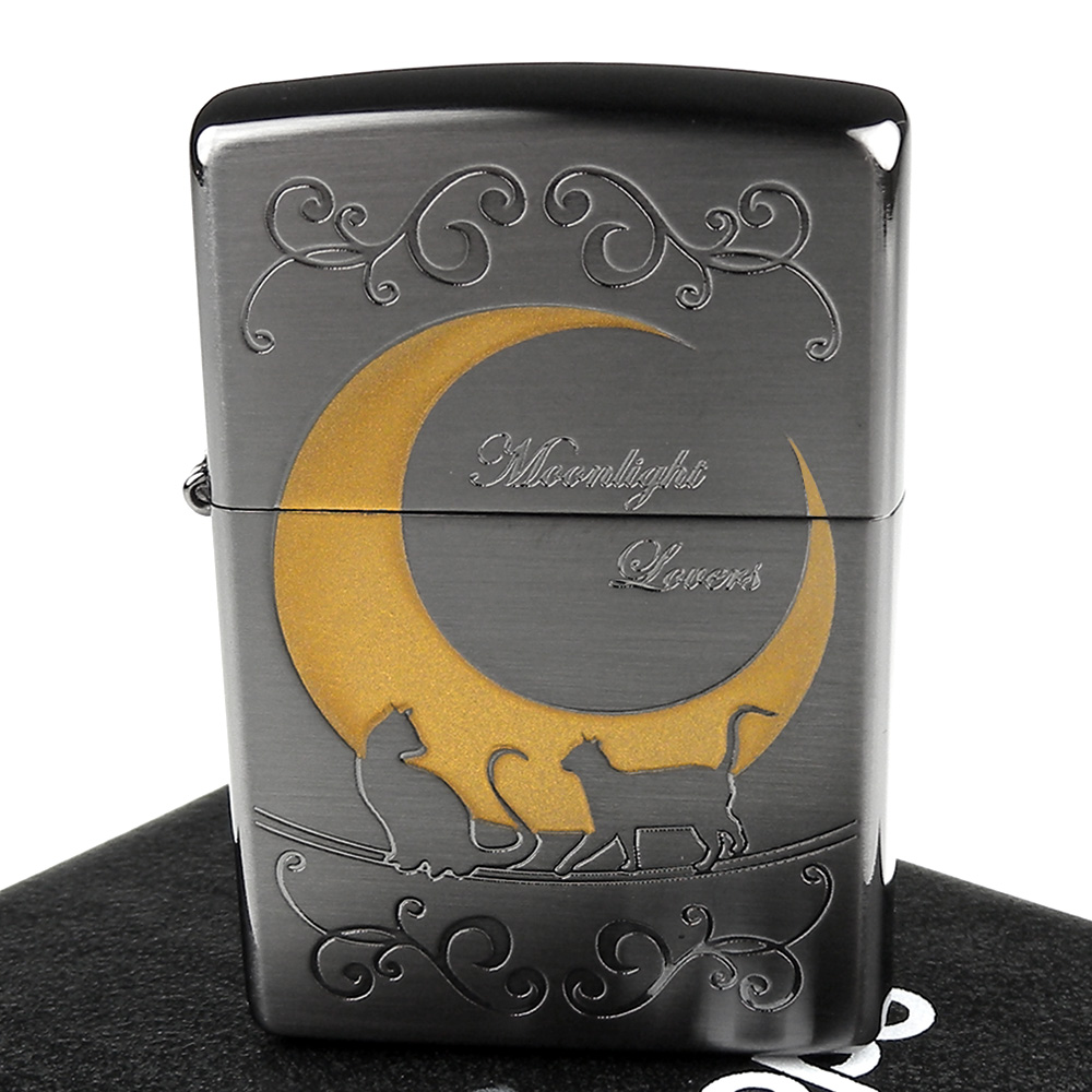 ZIPPO 日系~Moonlight Lovers-月光戀人-貓圖案蝕刻加工打火機-A款