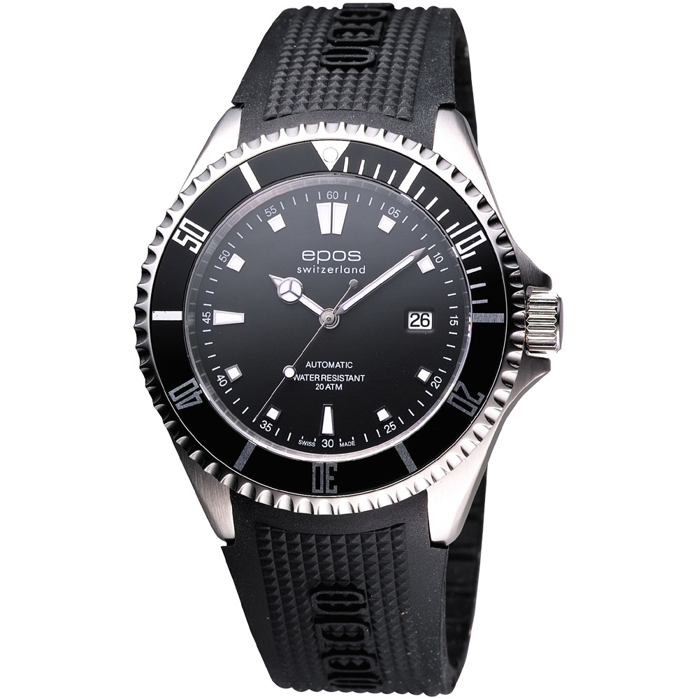 epos 深海探險200米潛水機械腕錶-黑/橡膠錶帶/44mm