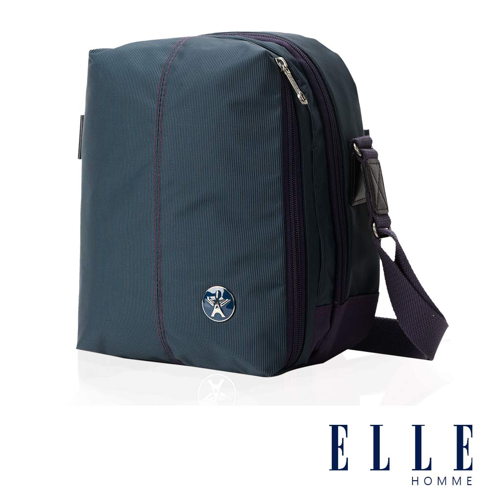 ELLE HOMME 時尚巴黎風格 直立多層置物側背包(大) 輕量防潑水設計款-藍